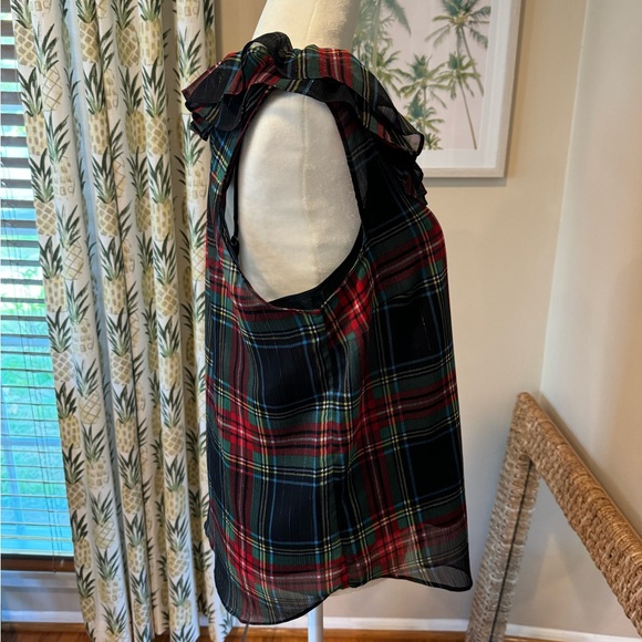 JCREW Plaid Holiday Top Sleeveless Ruffle Collar Black Stewart Tartan Cami Lined - Picture 4 of 8